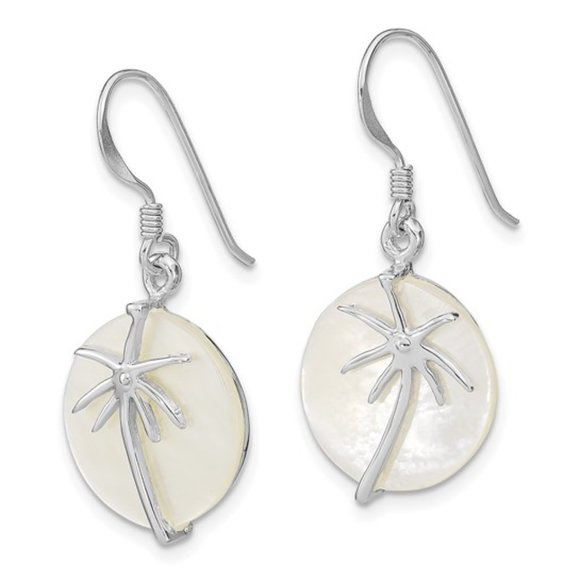 Sterling Silver Mother of Pearl Tropical Palm Tree Round Dangle Drop Earrings - Picture 4 of 5
